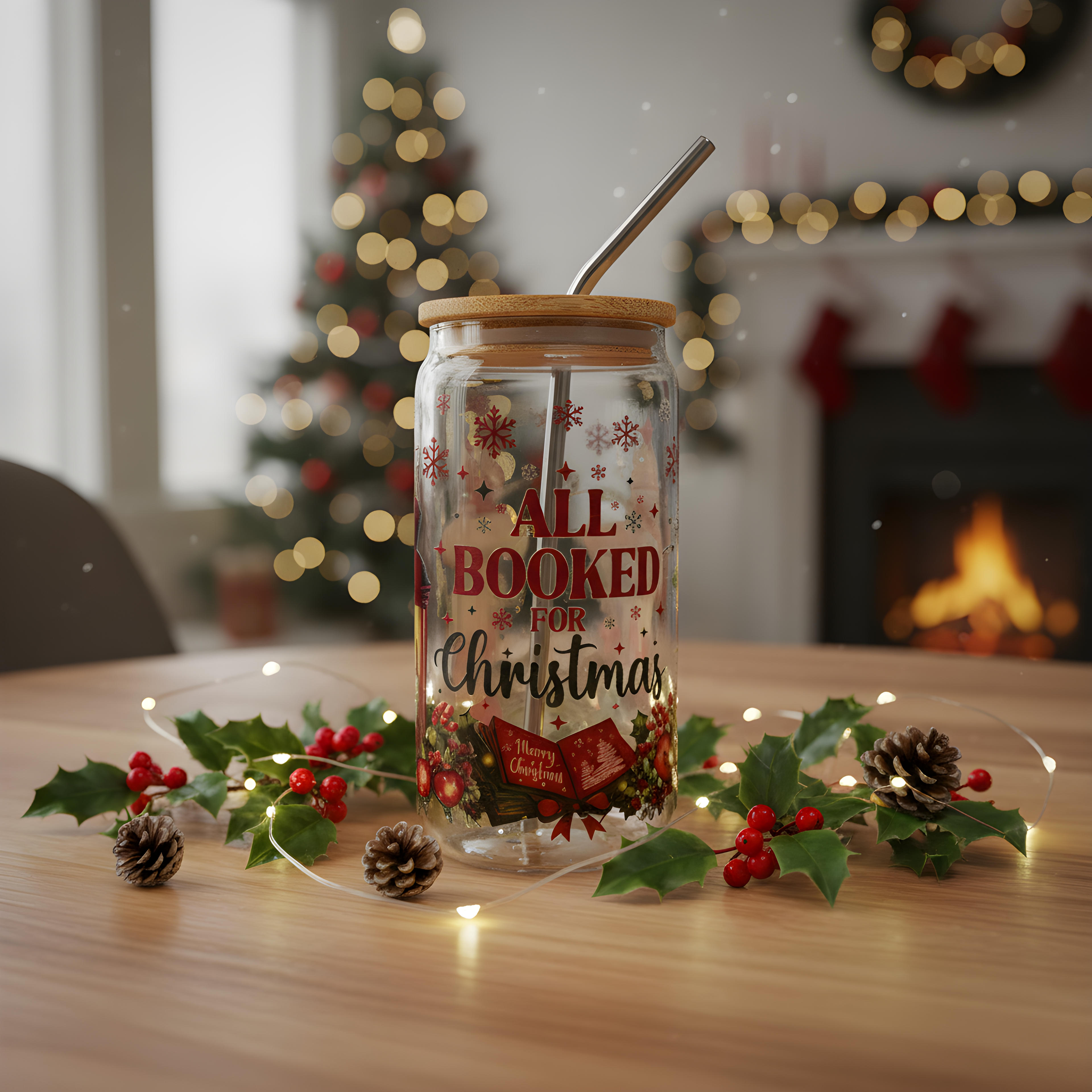 16oz Glass Tumbler with Bamboo Lid & Straw – All Booked for Christmas