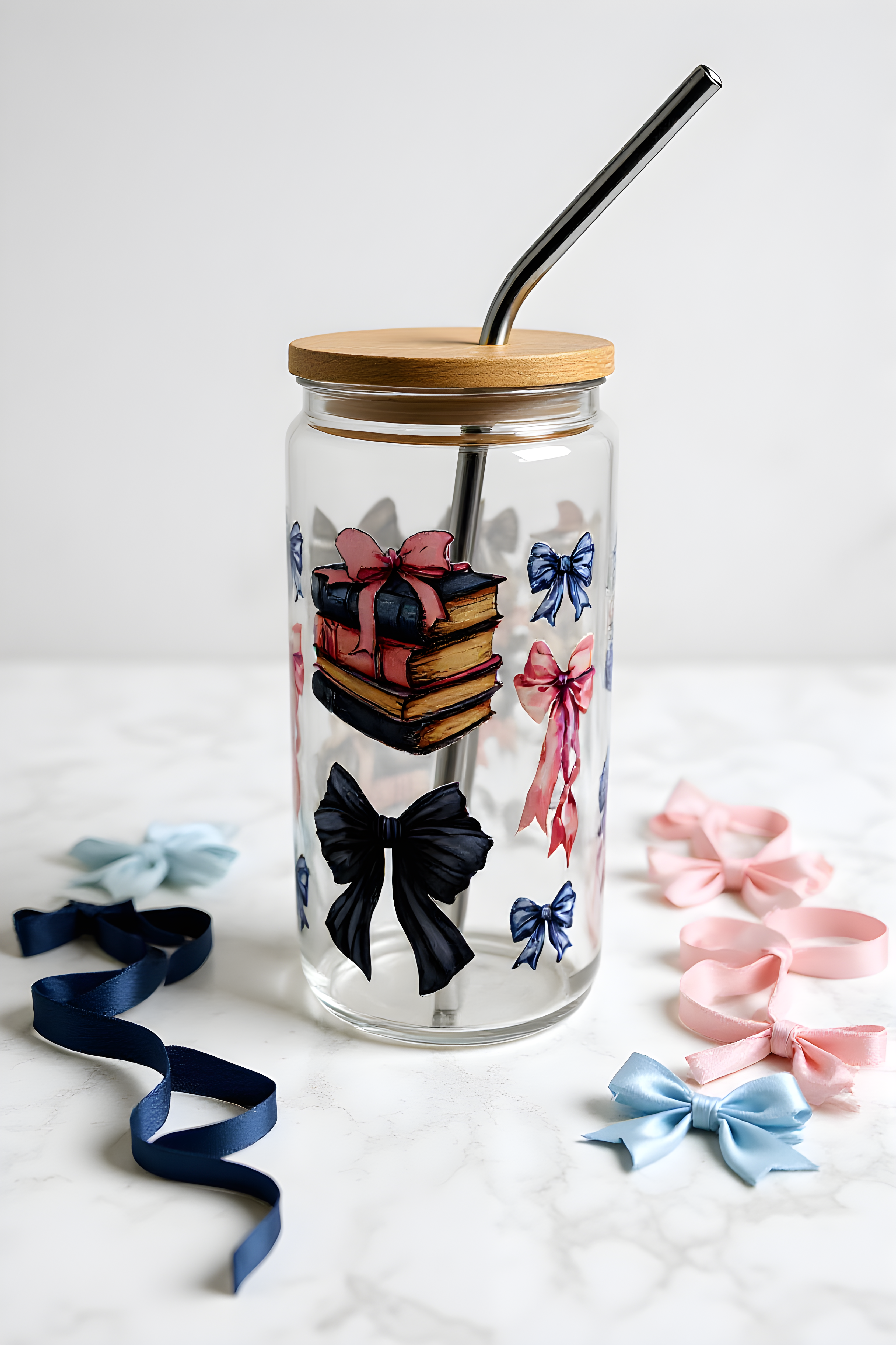 16oz Glass Tumbler with Bamboo Lid & Straw – Books and Bows