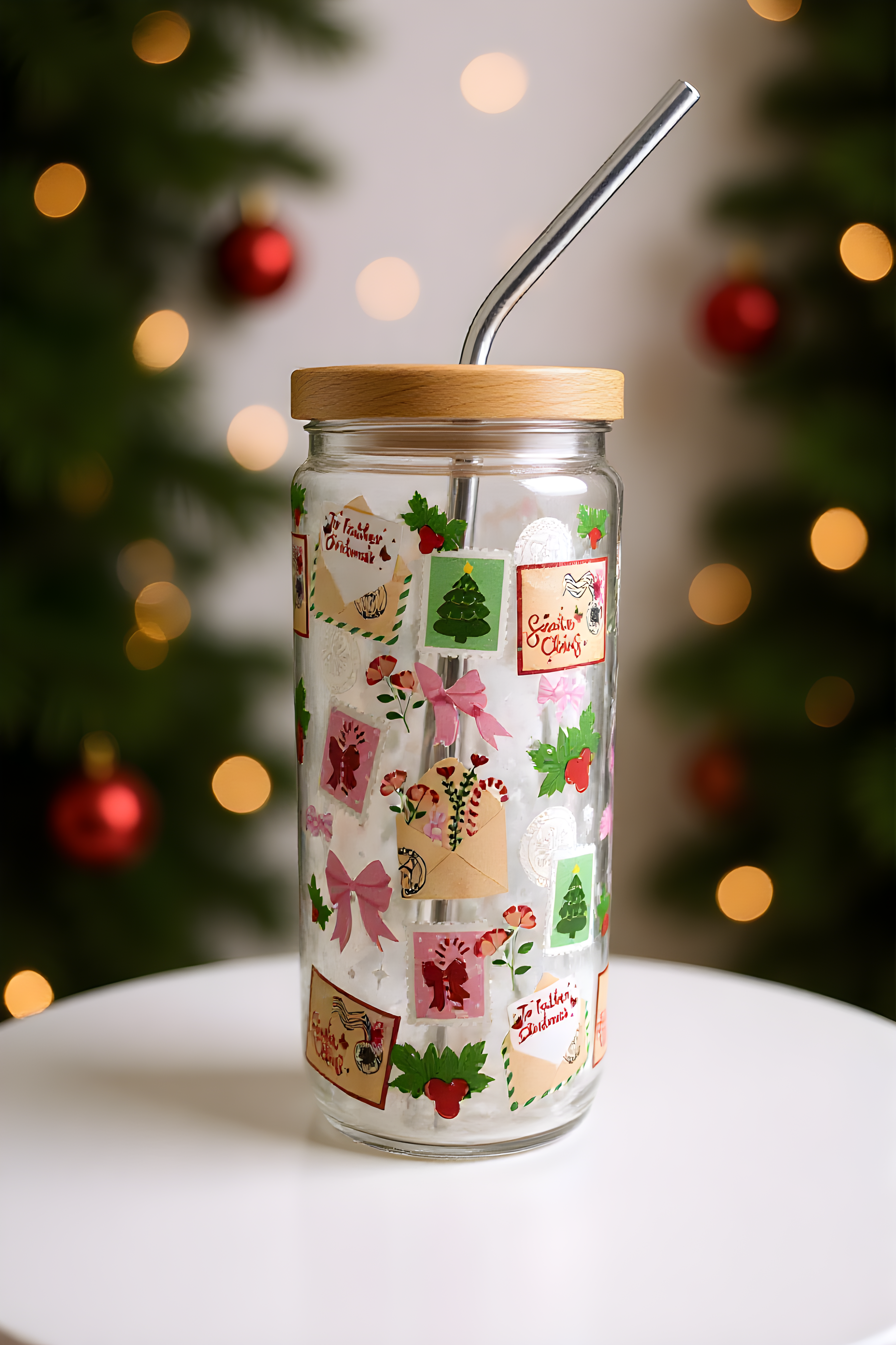 16oz Glass Tumbler with Bamboo Lid & Straw – Dear Father Christmas (Stamps and Mail)
